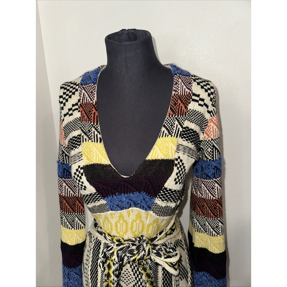 Free People Women's M Patchwork Sweater Dress Boho Size XS Bell Sleeve Belted - Picture 3 of 14